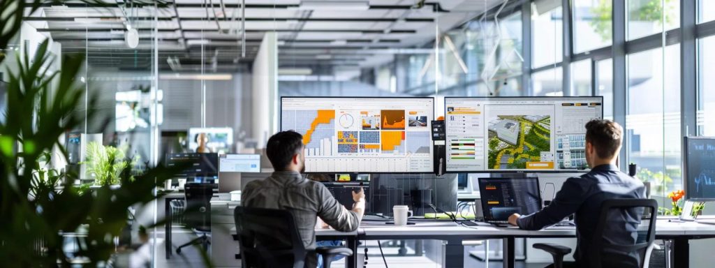 a modern office environment in cardiff showcases a collaborative team using building information modeling (bim) technology on large digital screens, while 3d-printed construction components and modular sections are prominently displayed nearby, highlighting advancements revolutionising the building industry.