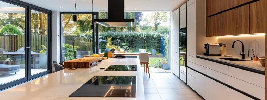 a contemporary cardiff kitchen showcases a homeowner examining a detailed, transparent pricing breakdown displayed on a sleek tablet, capturing the essence of clarity in home renovation costs amidst a modern, stylish setting.