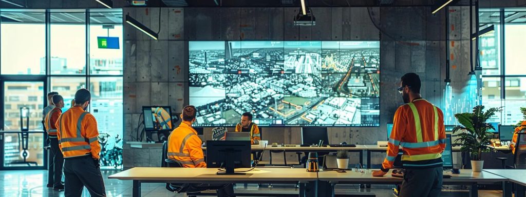 a dynamic scene in a modern urban office showcasing emergency repair technicians in smart uniforms, gathered around a large digital screen displaying urgent repair needs, with tools and equipment ready nearby, capturing the essence of rapid response and efficiency.