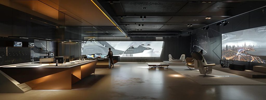 a futuristic architectural design studio filled with immersive virtual reality setups, showcasing architects actively engaged in 3d spatial visualisations and collaborative design discussions, illuminated by sleek, modern lighting and surrounded by innovative digital displays.