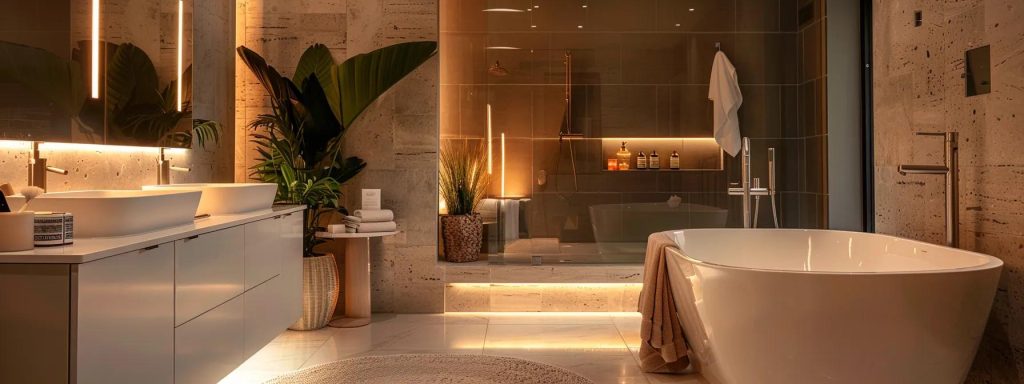 a luxurious bathroom renovation showcases elegant fixtures, sleek contemporary vanities, and ambient led lighting, creating a striking atmosphere of comfort and style in a modern indoor setting.