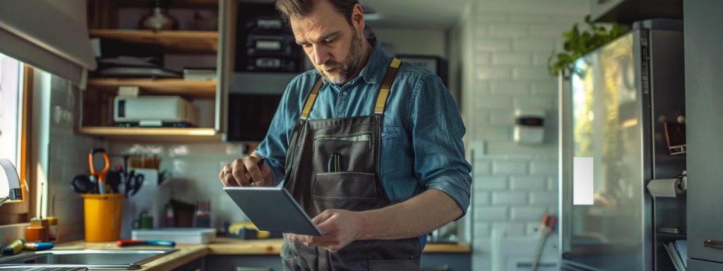 a modern cardiff home interior showcases a skilled tradesperson reviewing repair estimates on a digital tablet while assessing a minor plumbing issue, with tools and materials neatly arranged in a contemporary urban setting.