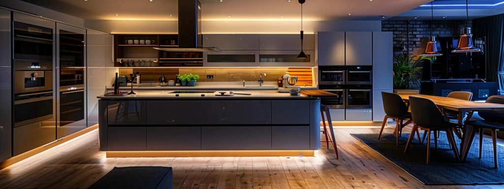 a modern cardiff kitchen undergoing a stylish renovation, showcasing high-end materials and sleek design elements, illuminated by warm artificial lighting that highlights the transformation process.