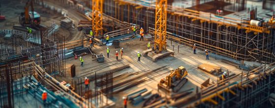 a modern construction site bustling with activity, showcasing diverse contractors in high-visibility vests collaborating around dynamic machinery and blueprints, under bright industrial lights.