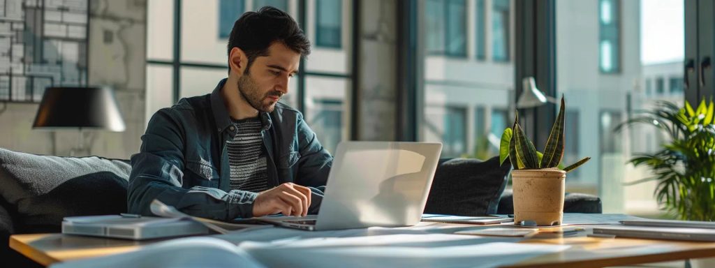 a modern office setting featuring a focused property manager reviewing digital reports on a sleek laptop, surrounded by architectural blueprints and property portfolios, illustrating the efficiency and professionalism of property management services in cardiff.