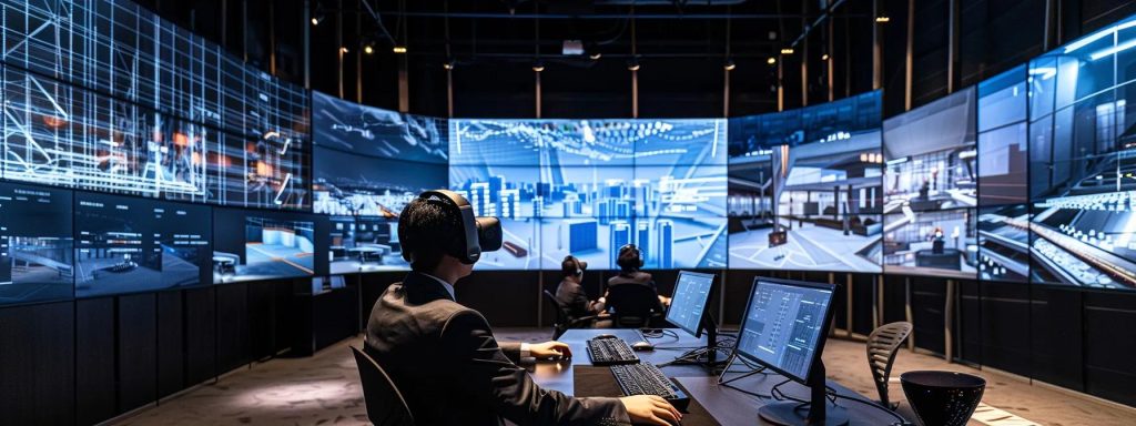 a modern, sleek office environment showcases architects using cutting-edge vr headsets, deeply engaged in immersive digital models of their innovative designs on large screens, highlighted by dramatic artificial lighting that emphasises the dynamic interplay of technology and creativity.