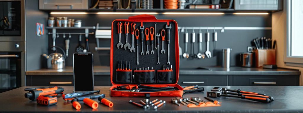 a modern, well-equipped home repair toolkit is prominently displayed on a sleek kitchen counter, with visible tools like wrenches and pliers arranged neatly beside a smartphone displaying contact information for reliable emergency services, emphasizing the preparedness essential for homeowners.