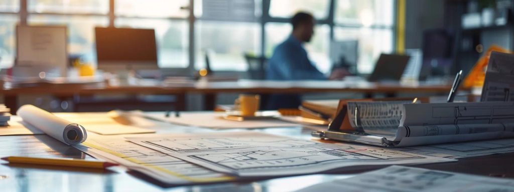 a sharp, professional office environment showcases a detailed, itemised contractor pricing guide spread across a polished conference table, with a focused contractor discussing project costs against a backdrop of blueprints and material samples.