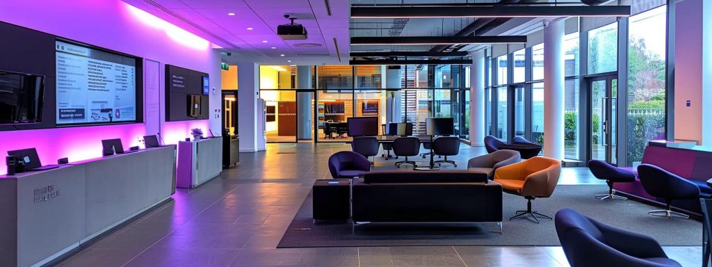 a sleek, modern cardiff office space showcases a digital display of verified plumber and electrician profiles, complete with glowing customer reviews and project images, representing a professional hub for homeowners seeking reliable services.