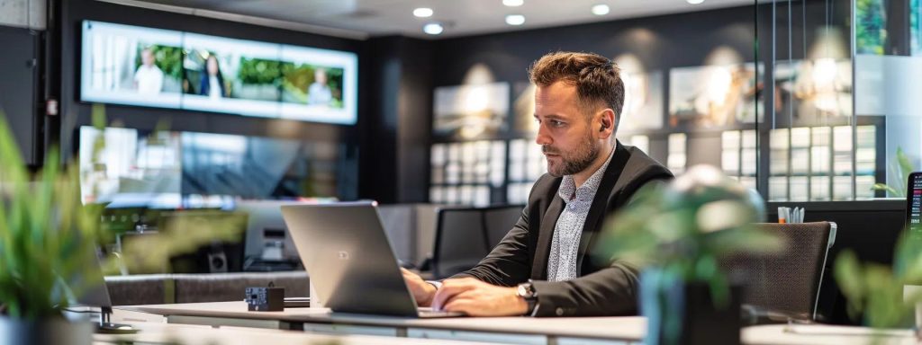 a sleek, modern office interior showcases a property maintenance manager engaged in a video call with a contractor, surrounded by digital tablets displaying maintenance schedules and inspection reports, emphasising efficiency in rental property management.