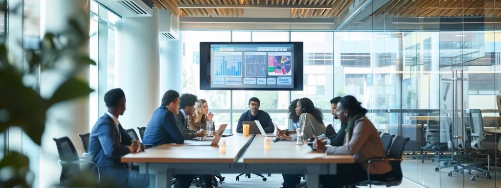 a sleek, modern office interior with a large digital screen displaying property management statistics, where a diverse group of professionals engages in a focused discussion about innovative solutions for landlords and homeowners.