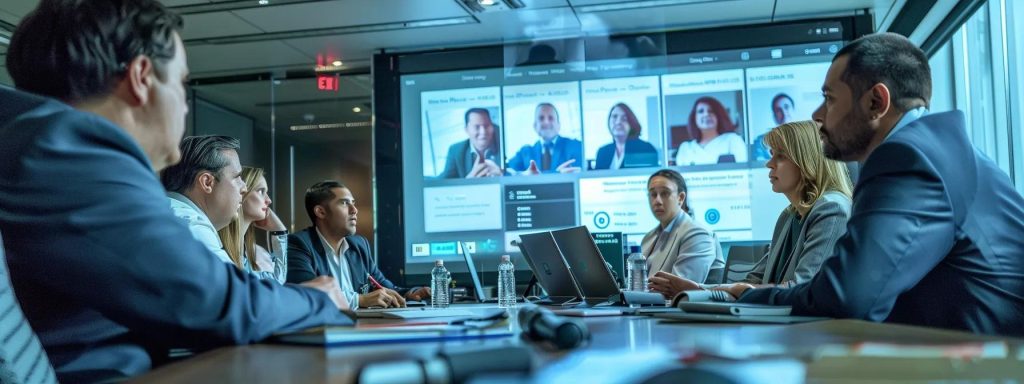 a sleek, modern office setting showcases a diverse group of professionals engaged in a dynamic discussion around a large table, with vivid customer testimonial quotes displayed prominently on a digital screen, symbolising the importance of contractor feedback and reliability in the industry.