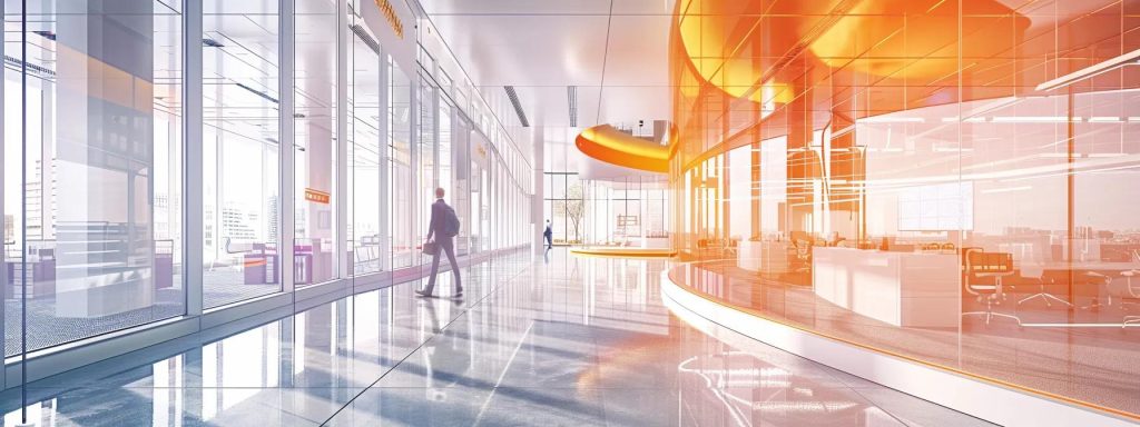 a sleek, modern office space features a client immersed in a virtual reality headset, exploring a vibrant, full-scale digital architectural environment, showcasing the future of interactive design engagement.