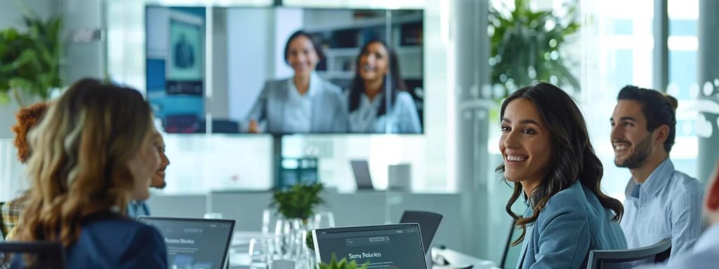 a sleek, modern office space features a large screen displaying enthusiastic customer testimonials, with confidently smiling team members engaging in a discussion, conveying a sense of trust and reliability in their service.