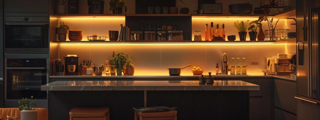 a stylish, contemporary kitchen with sleek cabinetry and modern appliances is illuminated by warm, ambient lighting, showcasing the transformative impact of home renovations on property value in a cardiff urban setting.