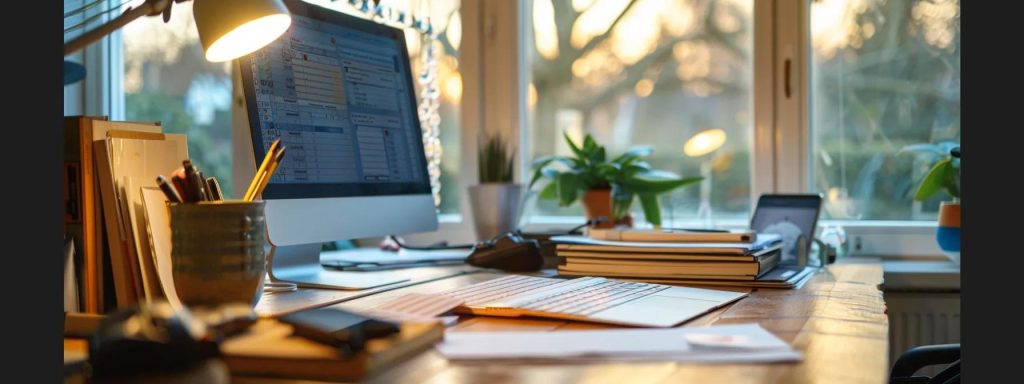 a well-organised office workspace displays an extensive annual home maintenance checklist prominently on a modern desk, accompanied by essential tools and documents reflecting a methodical approach to routine inspections and servicing.