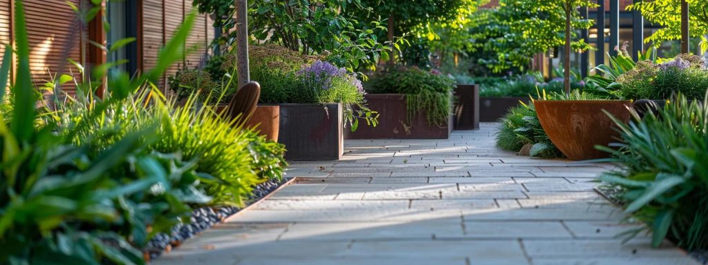 an elegantly designed urban garden in cardiff showcases a blend of native and ornamental plants arranged around stylish patios and walkways, reflecting the city's historical context and climate adaptability.