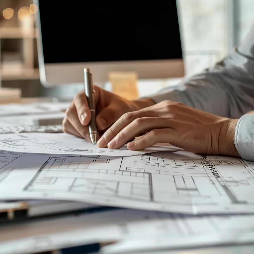 Hands reviewing architectural blueprints in an office setting for planning permission