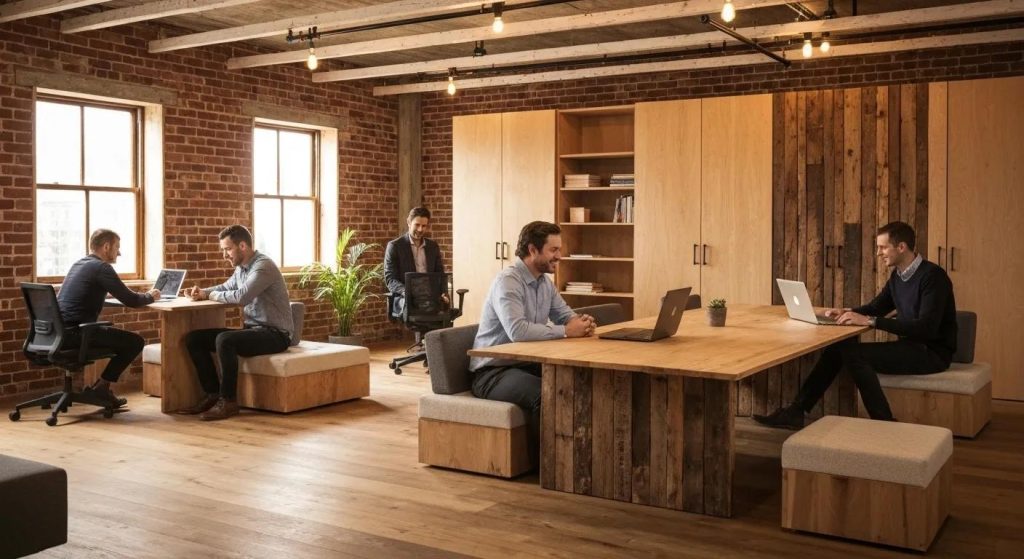 Biophilic office design with living walls and greenery enhancing employee wellbeing