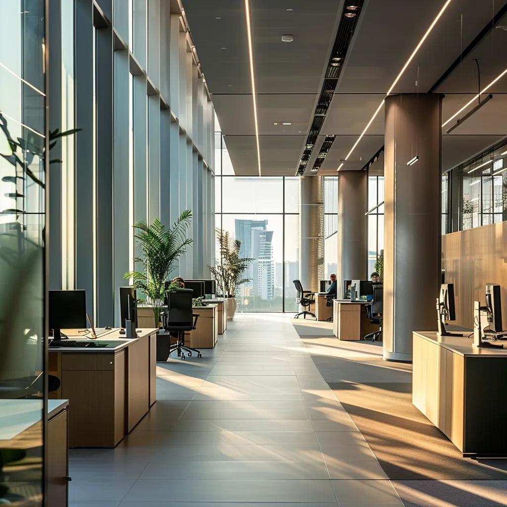 Bright, well-lit office space demonstrating effective lighting design for enhanced employee wellbeing.