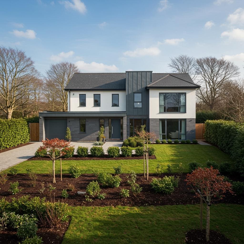 Modern architectural design of a Cardiff family home with grey cladding, pitched roof, and landscaped front garden created by local architecture specialists.