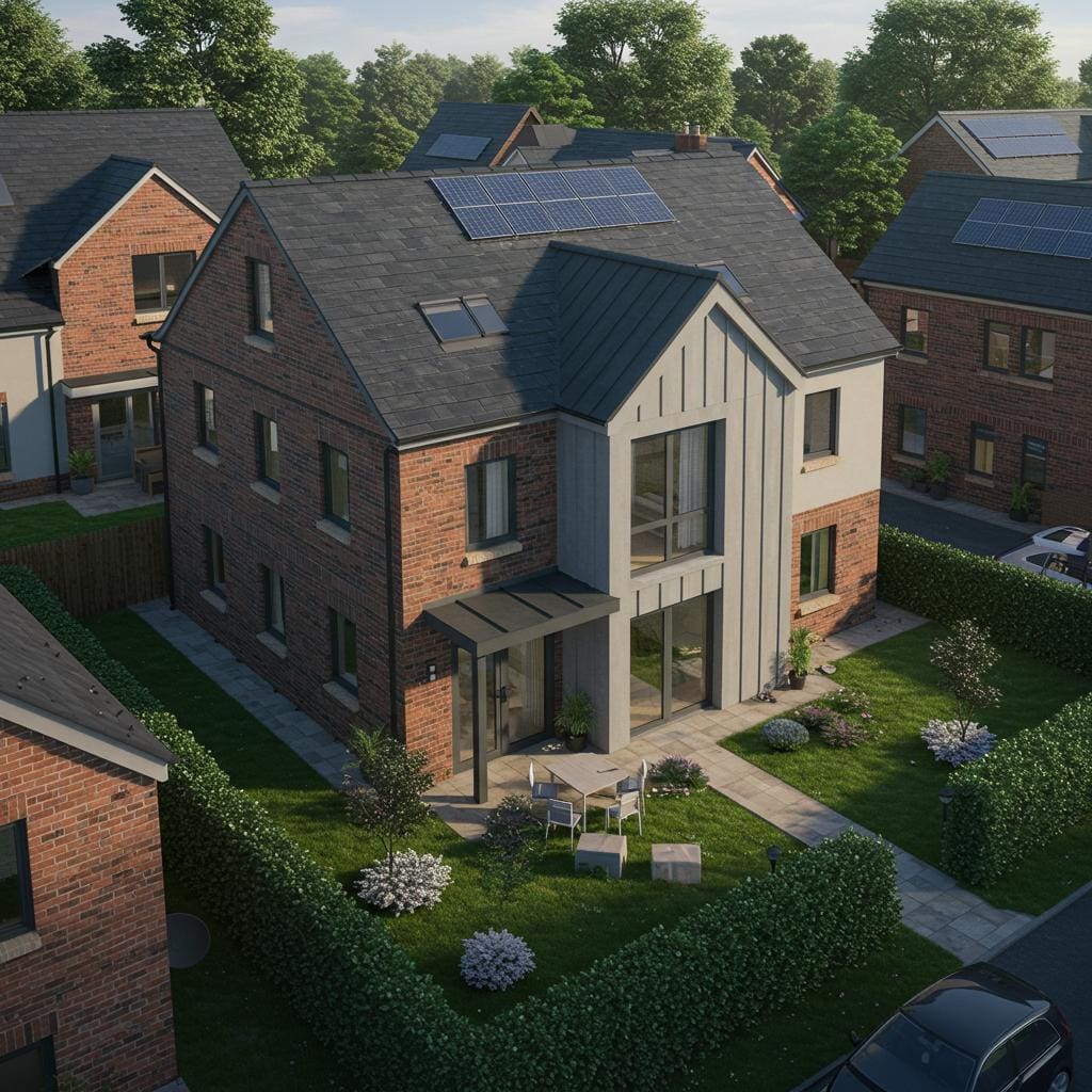 “Energy-efficient home in Canton, Cardiff designed with modern architecture, solar panels, and open-plan living, reflecting sustainable design by a Cardiff architecture firm.