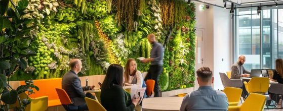 Modern Cardiff office with biophilic design, showcasing collaboration and sustainability