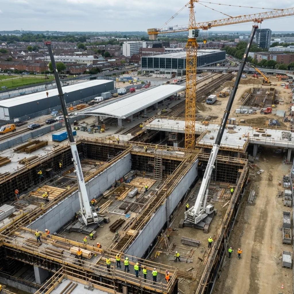 Aerial view of a major infrastructure project in Cardiff, showcasing construction activity and teamwork in urban development