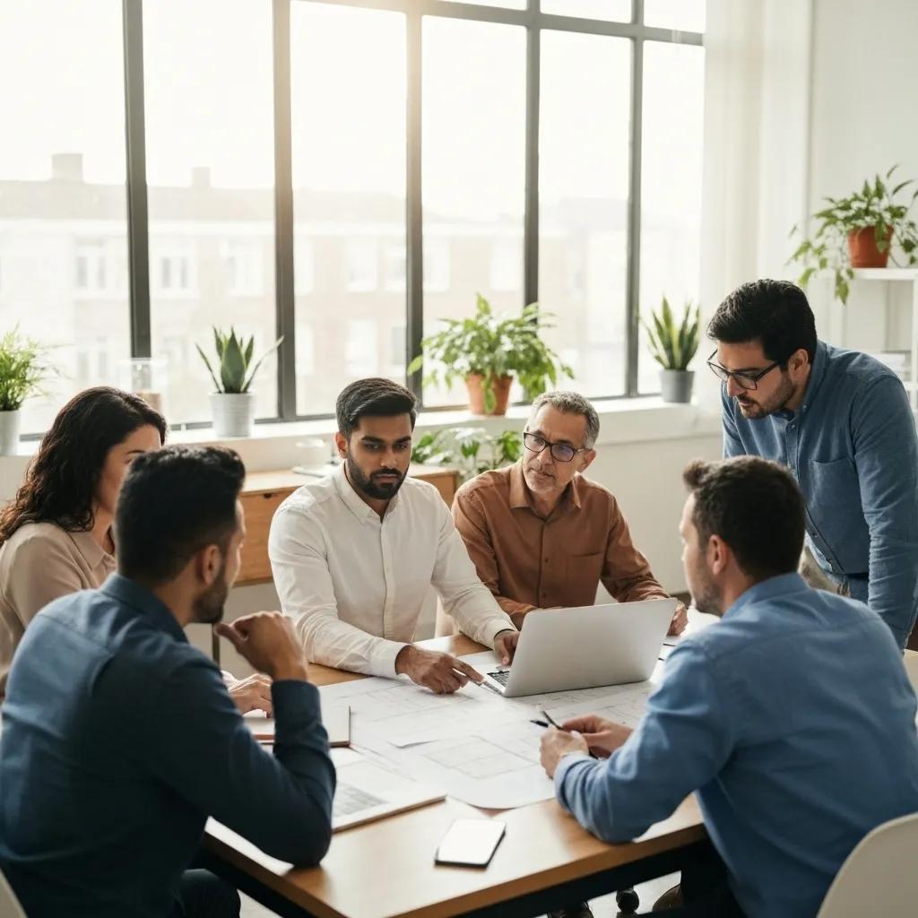 Architects and planning officers collaborating on blueprints, illustrating the importance of pre-application advice in expediting planning