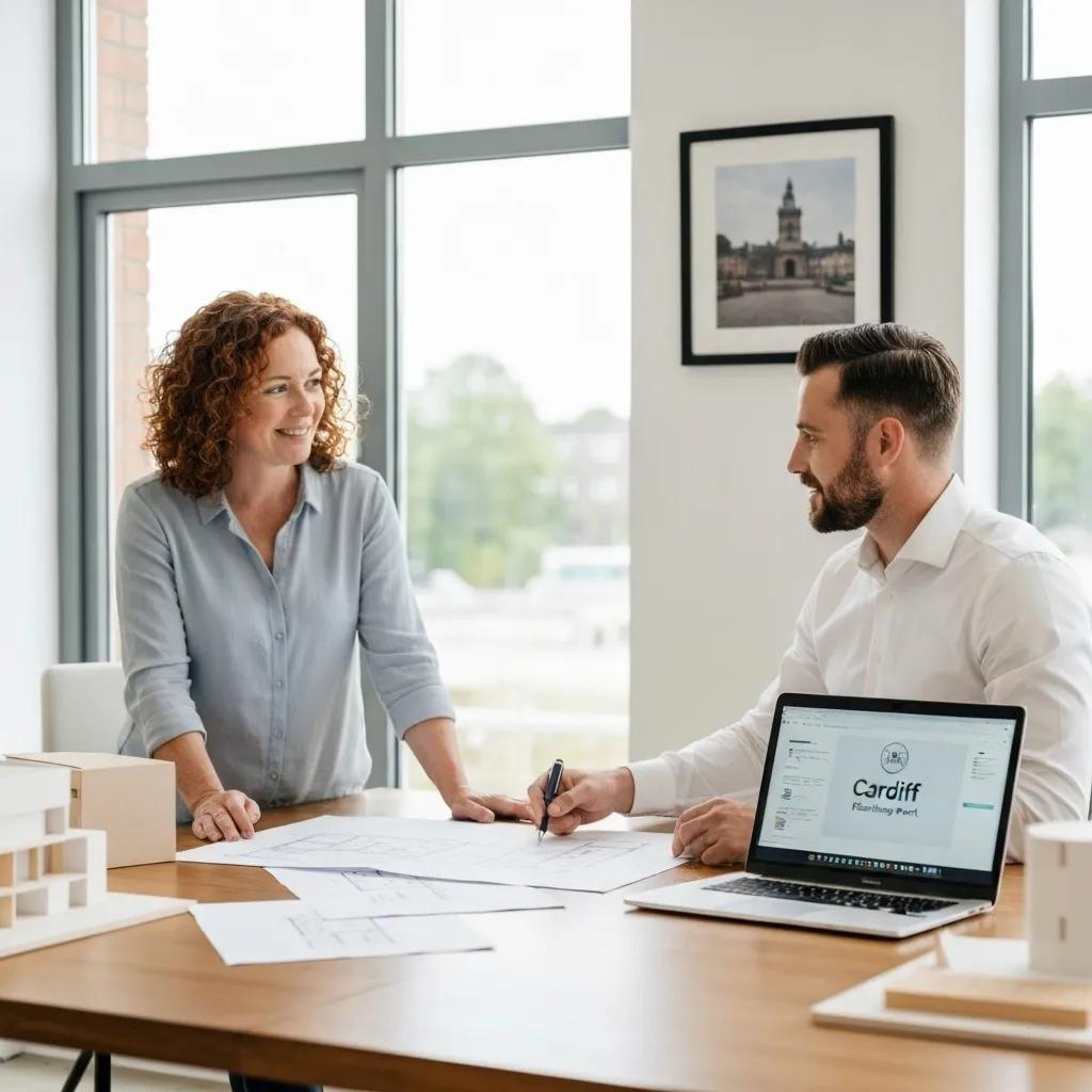 A homeowner discussing extension plans with an architect in a professional office setting