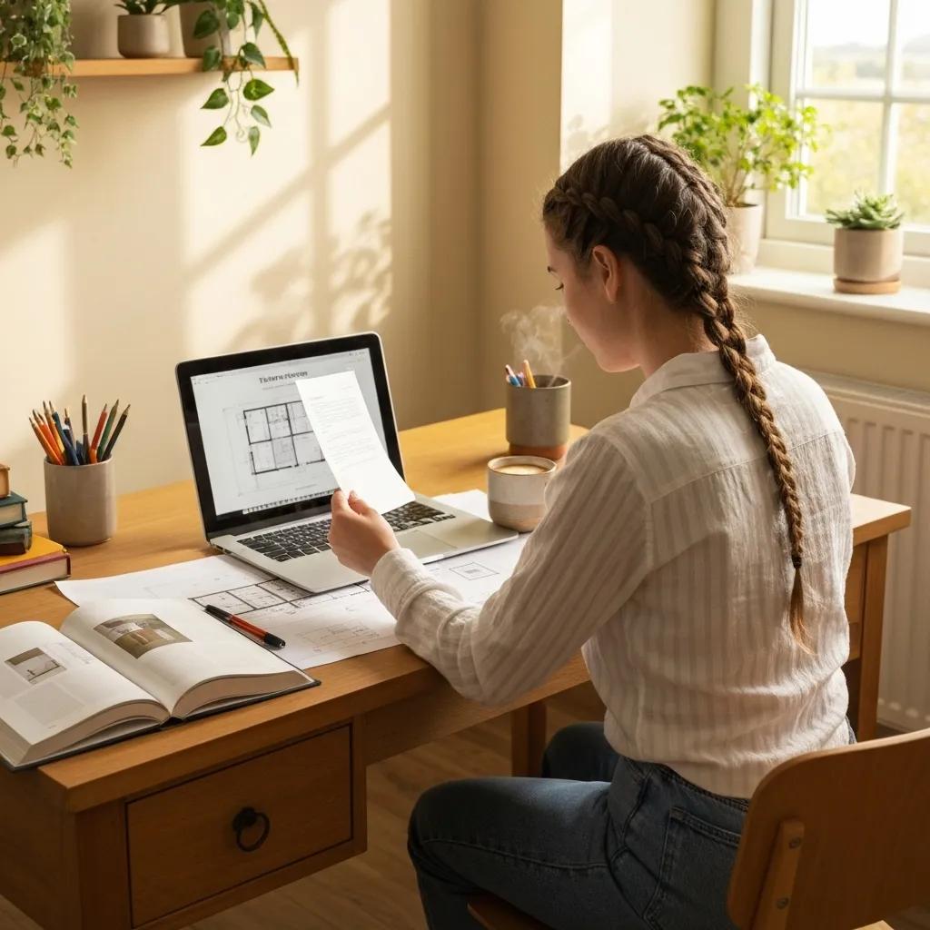 A homeowner diligently preparing planning application documents at a desk, surrounded by architectural plans.