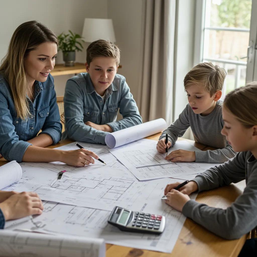 A family thoughtfully discussing budget and financing strategies for their upcoming two-storey extension