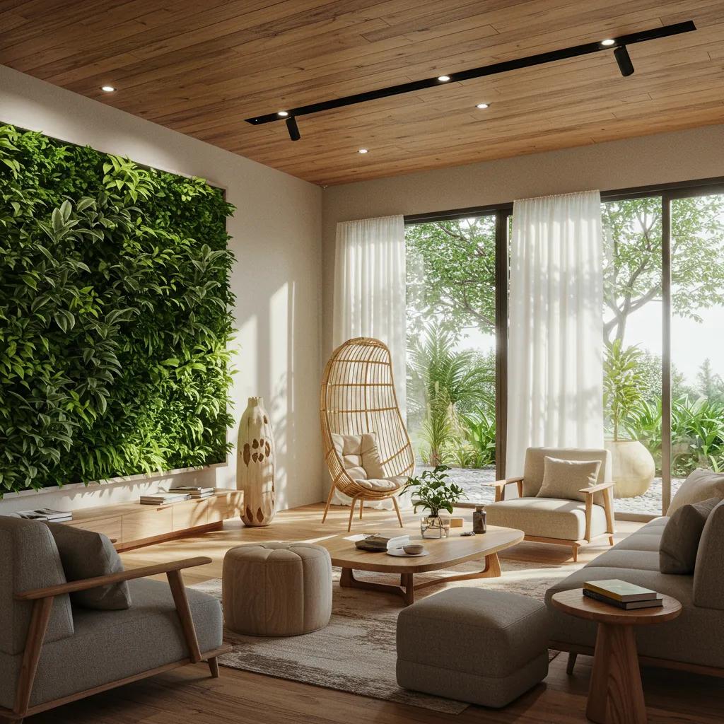 Interior space featuring biophilic design with a living green wall and natural materials, promoting wellness and sustainability