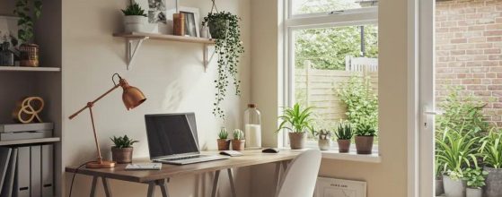 Stylish home office in a converted garage, emphasizing modern design and natural light