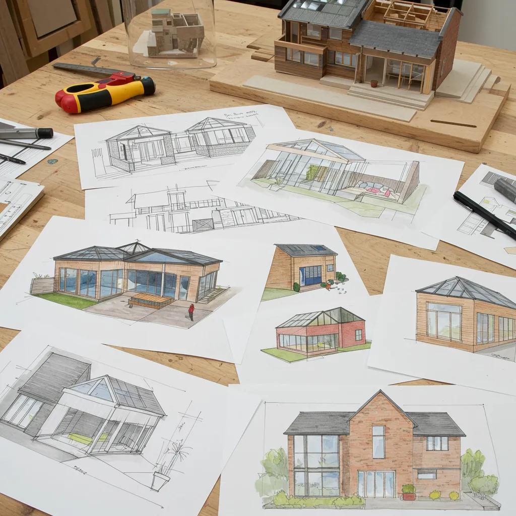 A curated display of two-storey extension design concepts laid out on a designer's table