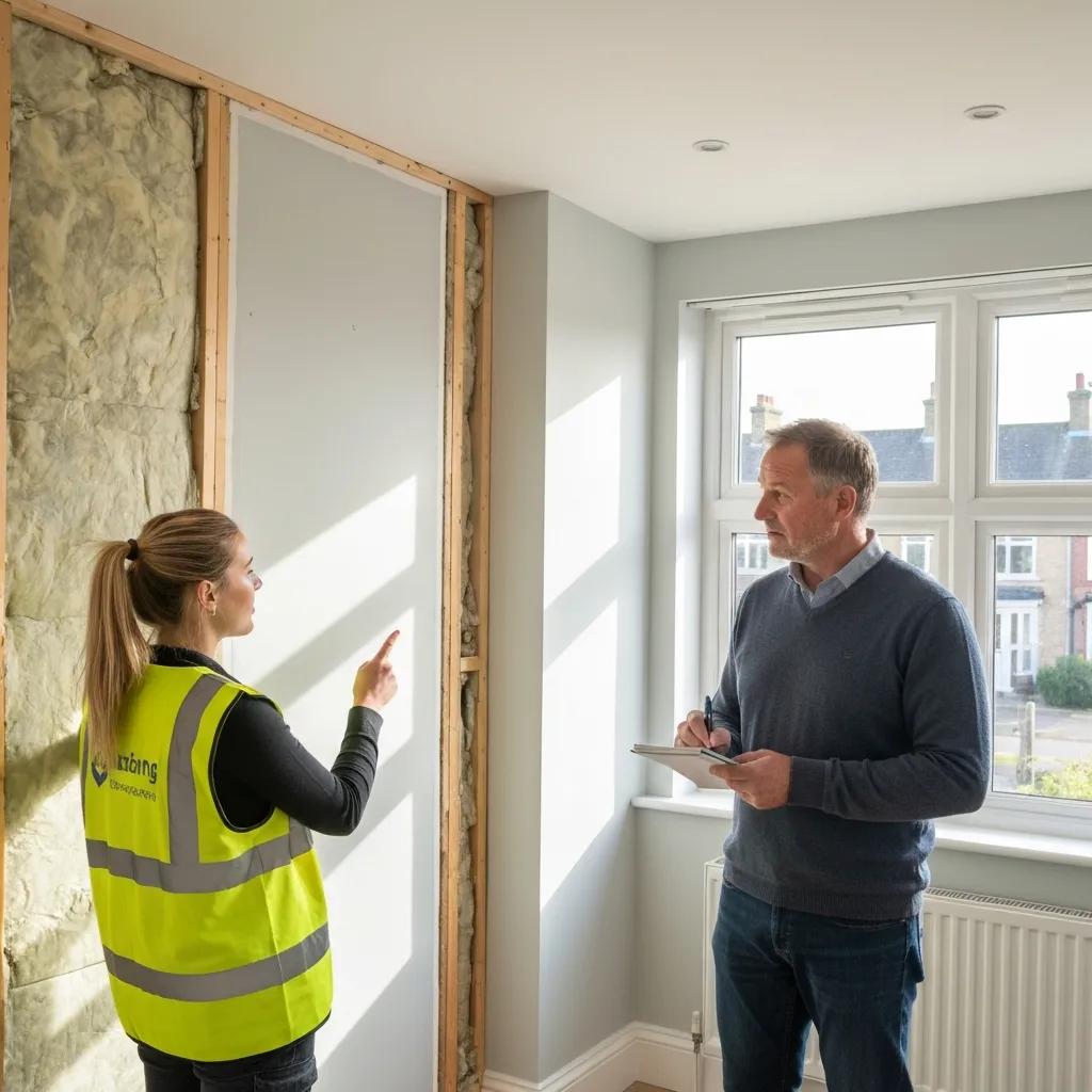 Retrofitted Cardiff building interior showing energy upgrades and a contractor advising a homeowner