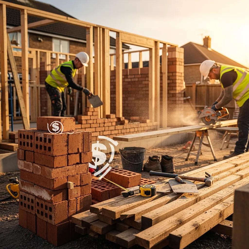 Construction site of a home extension with builders and materials on site